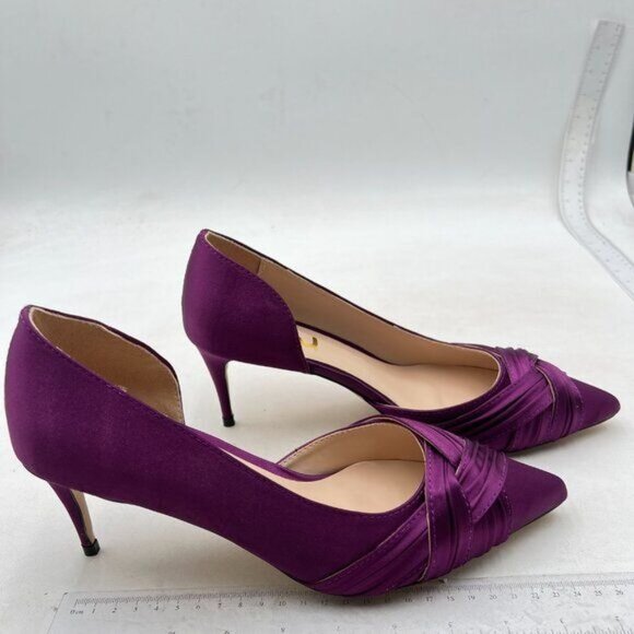 FSJ Women Low Kitten Heels Pointed Toe Slip on Pumps Pleated Satin Heels Purple - Picture 4 of 7